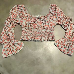 Long Sleeve Cropped Floral Smocked Blouse